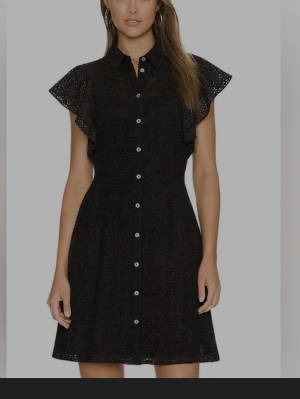 Theory Black Nova Eyelet Ruffle Sleeve Casual Mini Shirt Dress Size 8